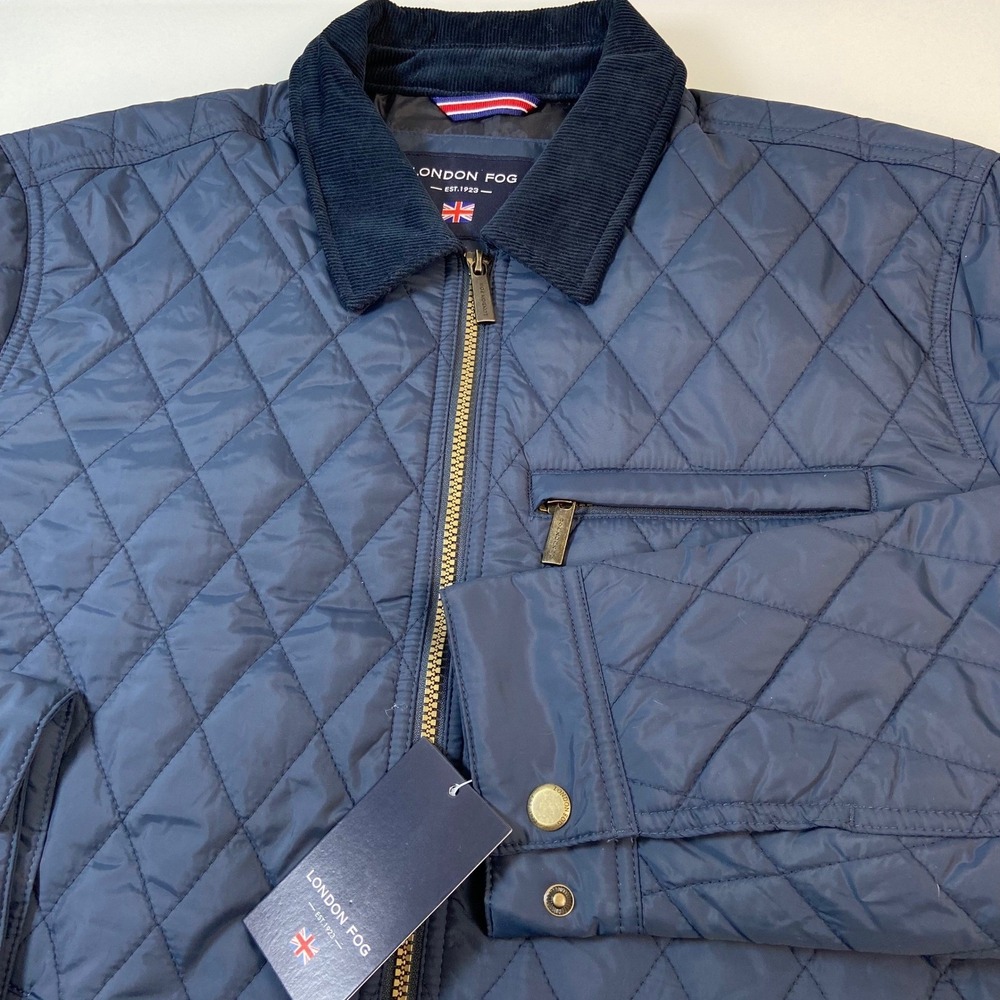 London Fog Mens  Size M‎ Quilted Jacket Navy Blue Full Zip Corduroy Collar NEW